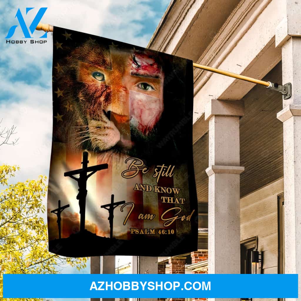 Stunning lion, Jesus on the cross, Cross symbol, Be still and know that I am God - Jesus Flag
