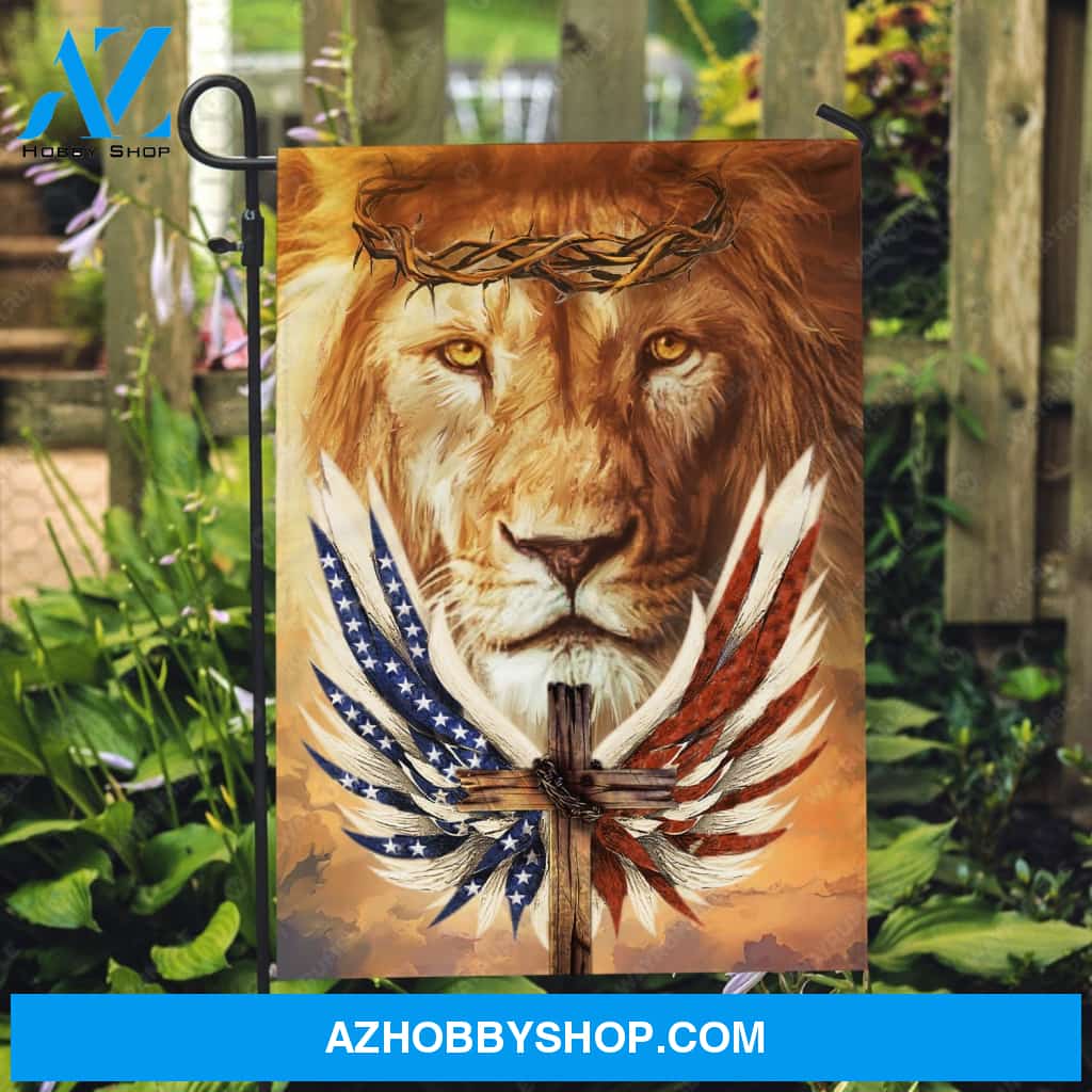 Stunning lion painting, Colorful angel wings, Cross symbol - Jesus Flag
