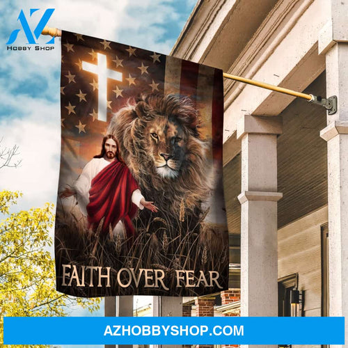 Stunning lion, The real face of Jesus, Light cross, Faith over fear - Jesus Flag