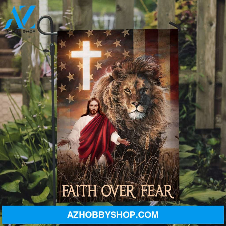 Stunning lion, The real face of Jesus, Light cross, Faith over fear - Jesus Flag