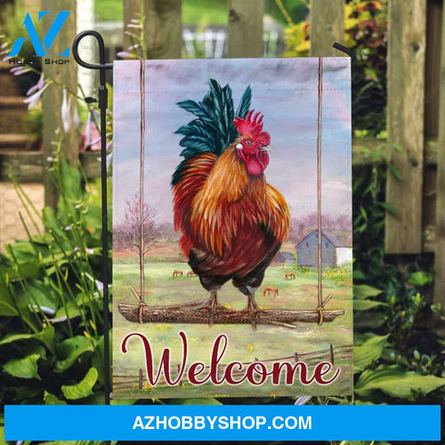 Stunning rooster, Green meadow land, Welcome - Jesus Flag