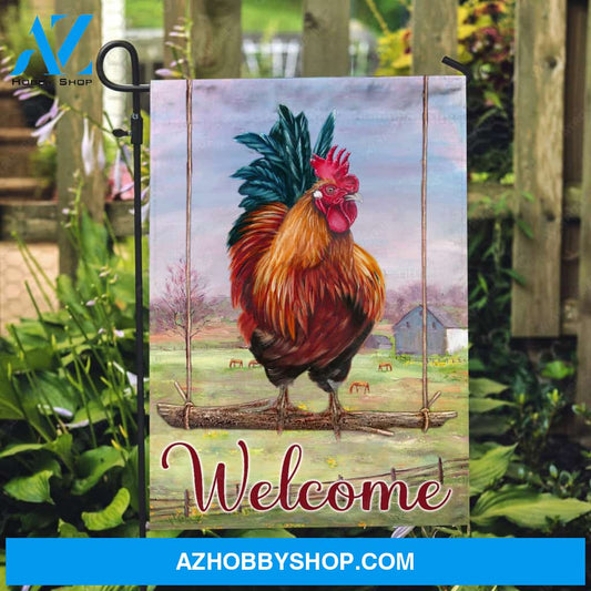Stunning rooster, Green meadow land, Welcome - Jesus Flag