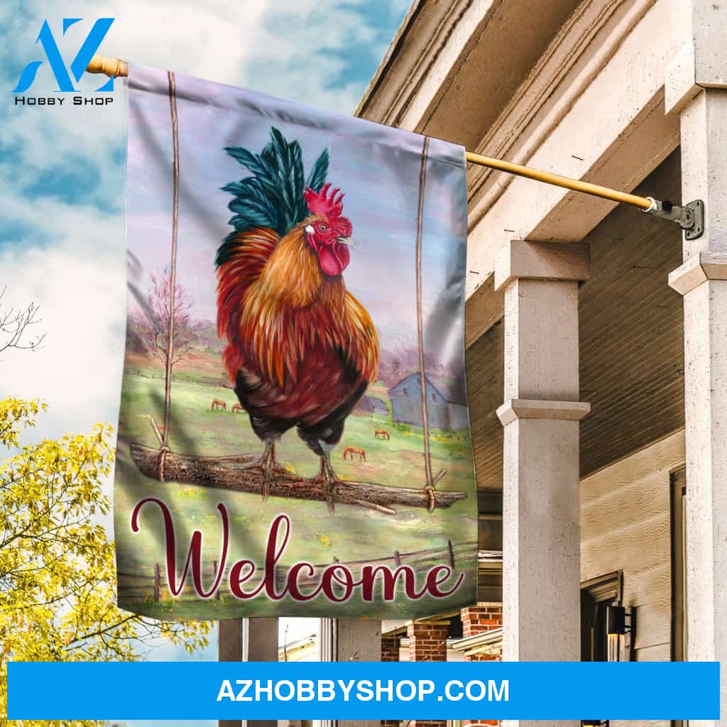 Stunning rooster, Green meadow land, Welcome - Jesus Flag