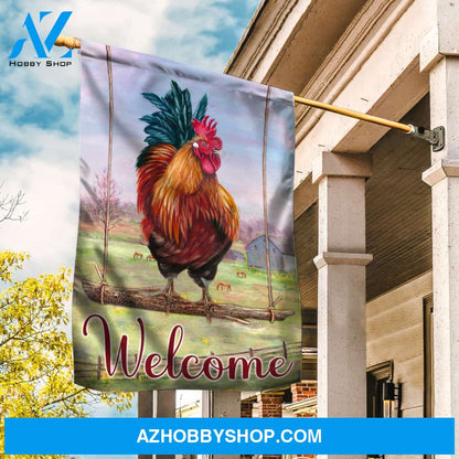 Stunning rooster, Green meadow land, Welcome - Jesus Flag