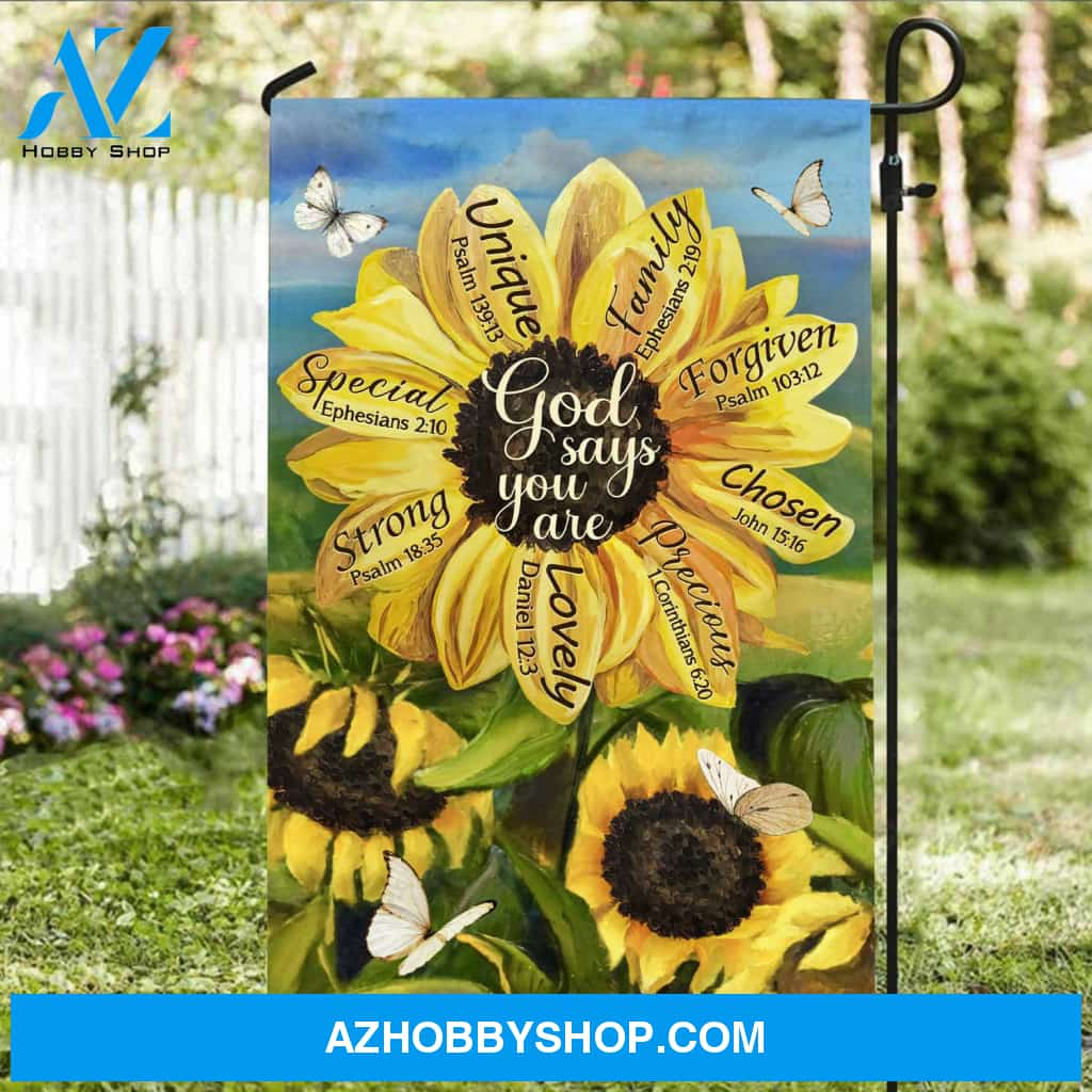 Stunning sunflower, Sunflower field, Small butterfly, God says you are unique - Jesus Flag