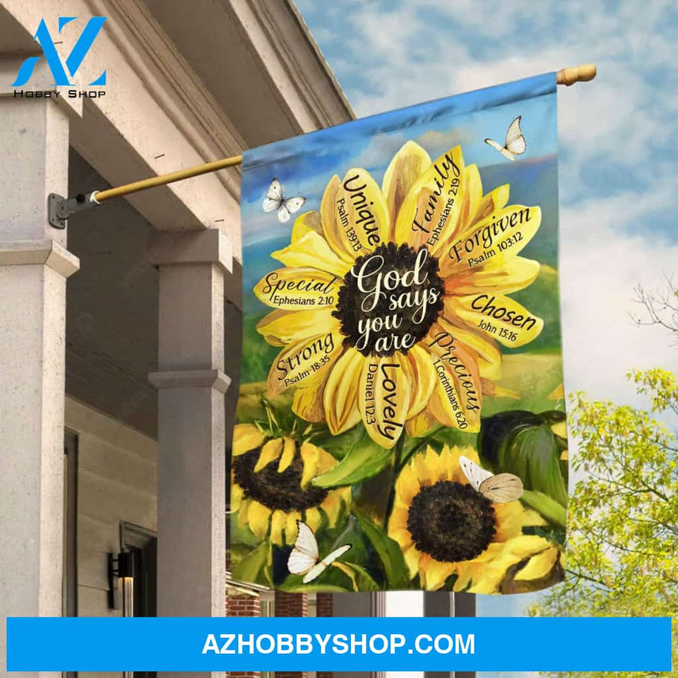 Stunning sunflower, Sunflower field, Small butterfly, God says you are unique - Jesus Flag