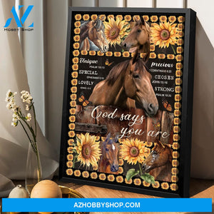 Stunning sunflower frame, Brown horse, God says you are unique - Jesus Portrait Canvas Prints, Home Decor Wall Art