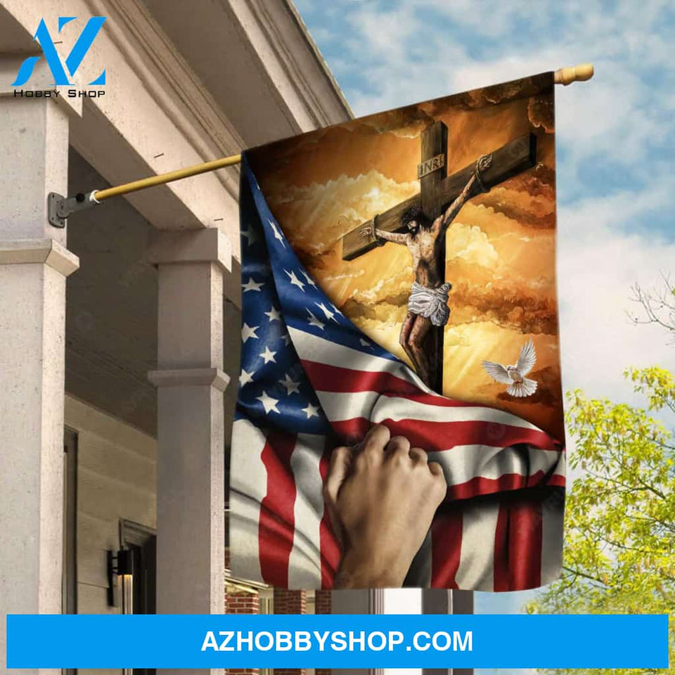 Stunning sunset, Jesus on the cross, Beautiful US flag, Dove symbol - Jesus Flag