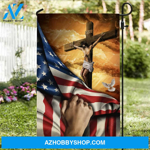 Stunning sunset, Jesus on the cross, Beautiful US flag, Dove symbol - Jesus Flag