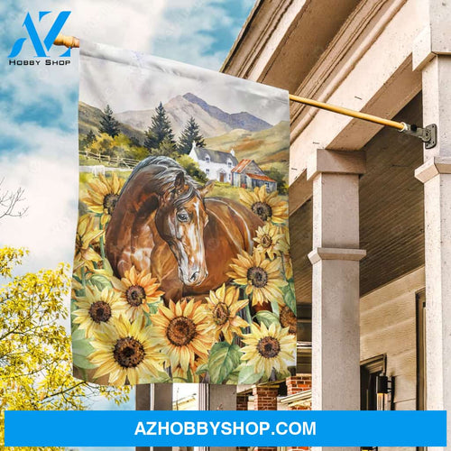 Sunflower field, Brown horse, Beautiful village, Blue mountain - Jesus Flag