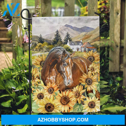 Sunflower field, Brown horse, Beautiful village, Blue mountain - Jesus Flag