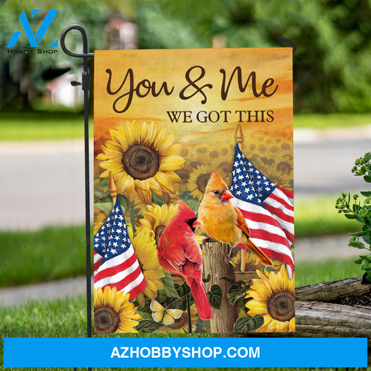 Sunflower field, Pretty cardinal, Small US flag, You and me, We got this - Couple Flag