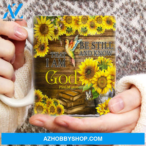 Sunflower, Hummingbird, Be still and know that I am God - Jesus AOP Mug