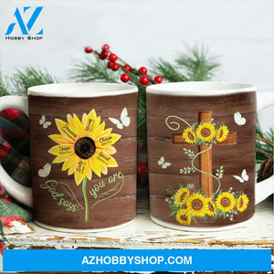 Sunflower painting, Wooden background, God says you are - Jesus AOP Mug