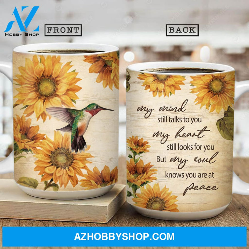 Sunflower pattern, Colorful hummingbird, My soul knows you are at peace - Heaven AOP Mug