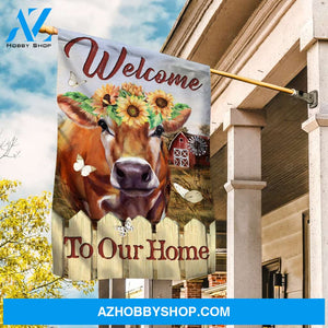 Sunflower wreath, Brown cow, Rice field, Welcome to our home - Cow Flag