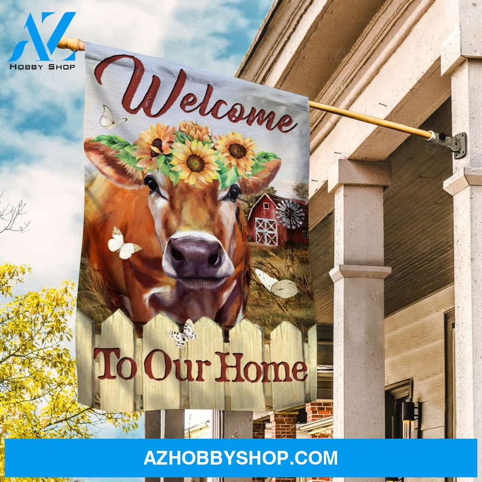 Sunflower wreath, Brown cow, Rice field, Welcome to our home - Cow Flag