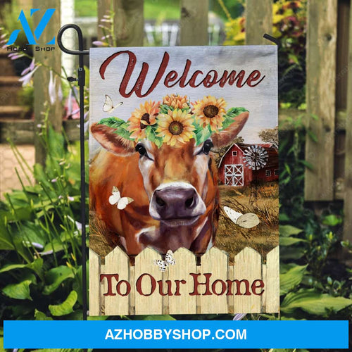 Sunflower wreath, Brown cow, Rice field, Welcome to our home - Cow Flag
