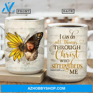 Sunflower, Yellow butterfly, Jesus and the lamb, I can do all things through Christ who strengthens me - Jesus AOP Mug