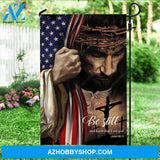 The face of Jesus, Crown of thorn, US flag, Be still and know that I am God - Jesus Flag