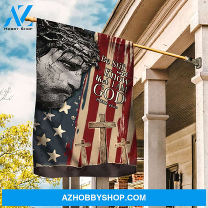 The face of Jesus, US flag, Cross symbol, Be still and know that I am God - Jesus Flag