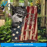 The face of Jesus, US flag, Cross symbol, Be still and know that I am God - Jesus Flag