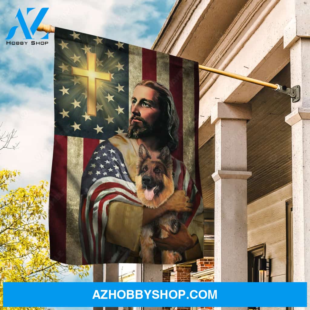 The real face of Jesus, German shepherd dog, Cross symbol, US flag - Jesus Flag