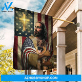 The real face of Jesus, German shepherd dog, Cross symbol, US flag - Jesus Flag
