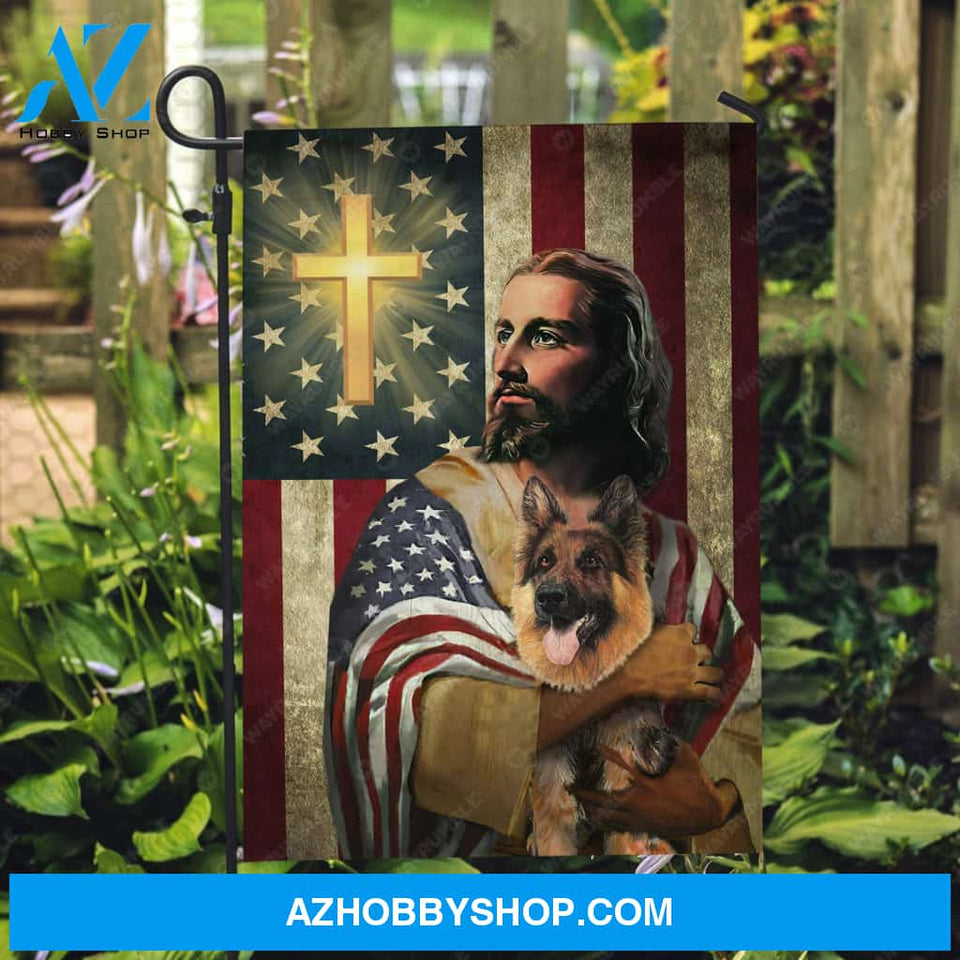 The real face of Jesus, German shepherd dog, Cross symbol, US flag - Jesus Flag