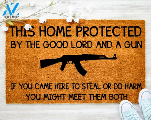 This Home Protected By The Good Lord Doormat Welcome Doormat Porch Decor Fall Porch Decor Coir Doormat