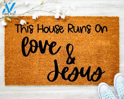 This House Runs Love and Jesus Doormat Drink Beer Doormat Family Doormat Porch Decor Housewarming Doormat
