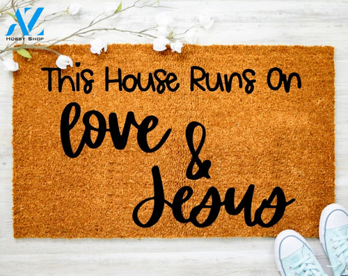 This House Runs Love and Jesus Doormat Drink Beer Doormat Family Doormat Porch Decor Housewarming Doormat