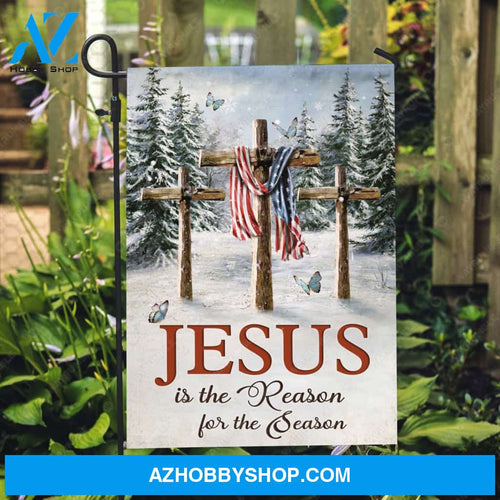 Three wooden crosses, American flag, Amazing snowfall, Jesus is the reason for the season - Jesus Flag