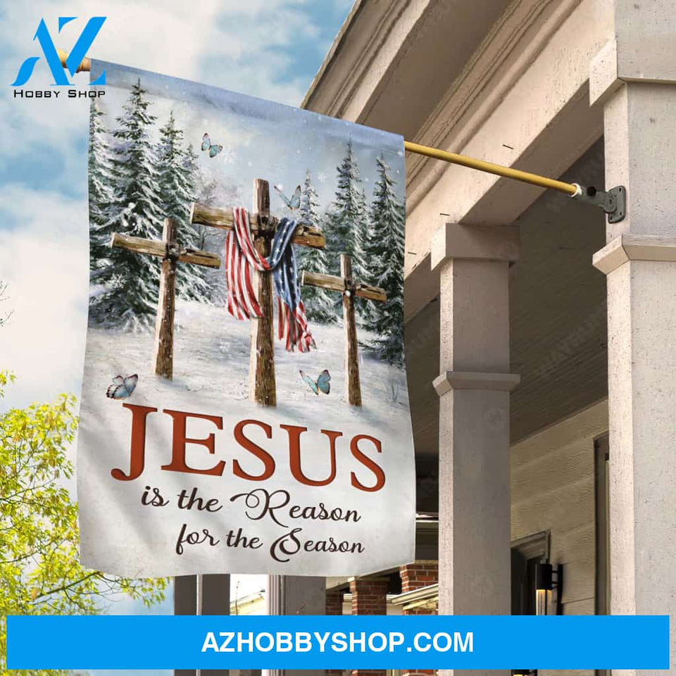 Three wooden crosses, American flag, Amazing snowfall, Jesus is the reason for the season - Jesus Flag