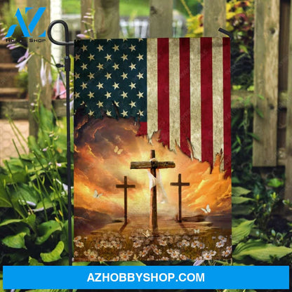 Three wooden crosses, Heaven light, Daisy flowers, USA flag - Jesus Flag