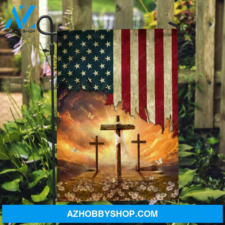 Three wooden crosses, Heaven light, Daisy flowers, USA flag - Jesus Flag