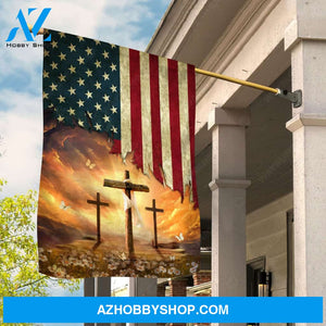 Three wooden crosses, Heaven light, Daisy flowers, USA flag - Jesus Flag