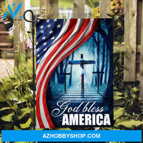 Three wooden crosses, USA flag, Forest night, God bless America - Jesus Flag
