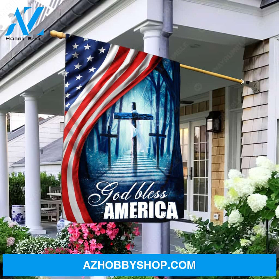 Three wooden crosses, USA flag, Forest night, God bless America - Jesus Flag