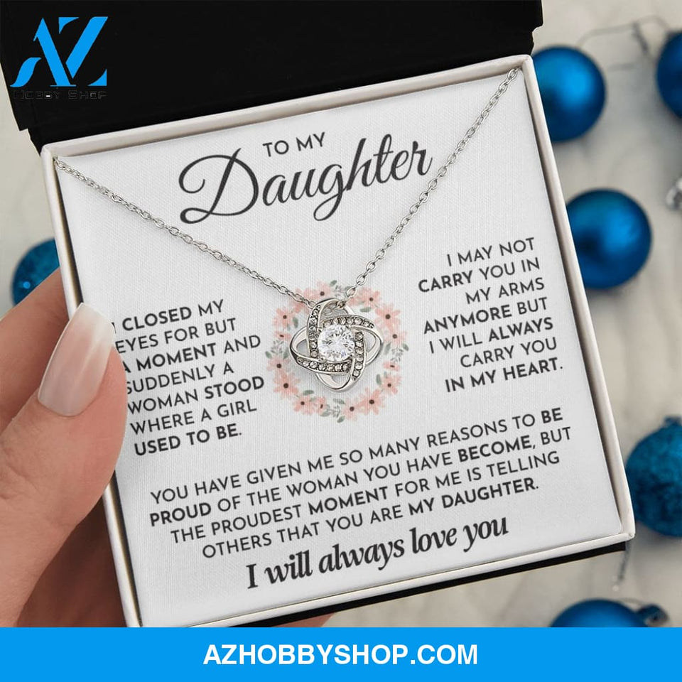 To My Daughter- 14K White Gold Polised Loveknot Necklace- I Will Always Love You