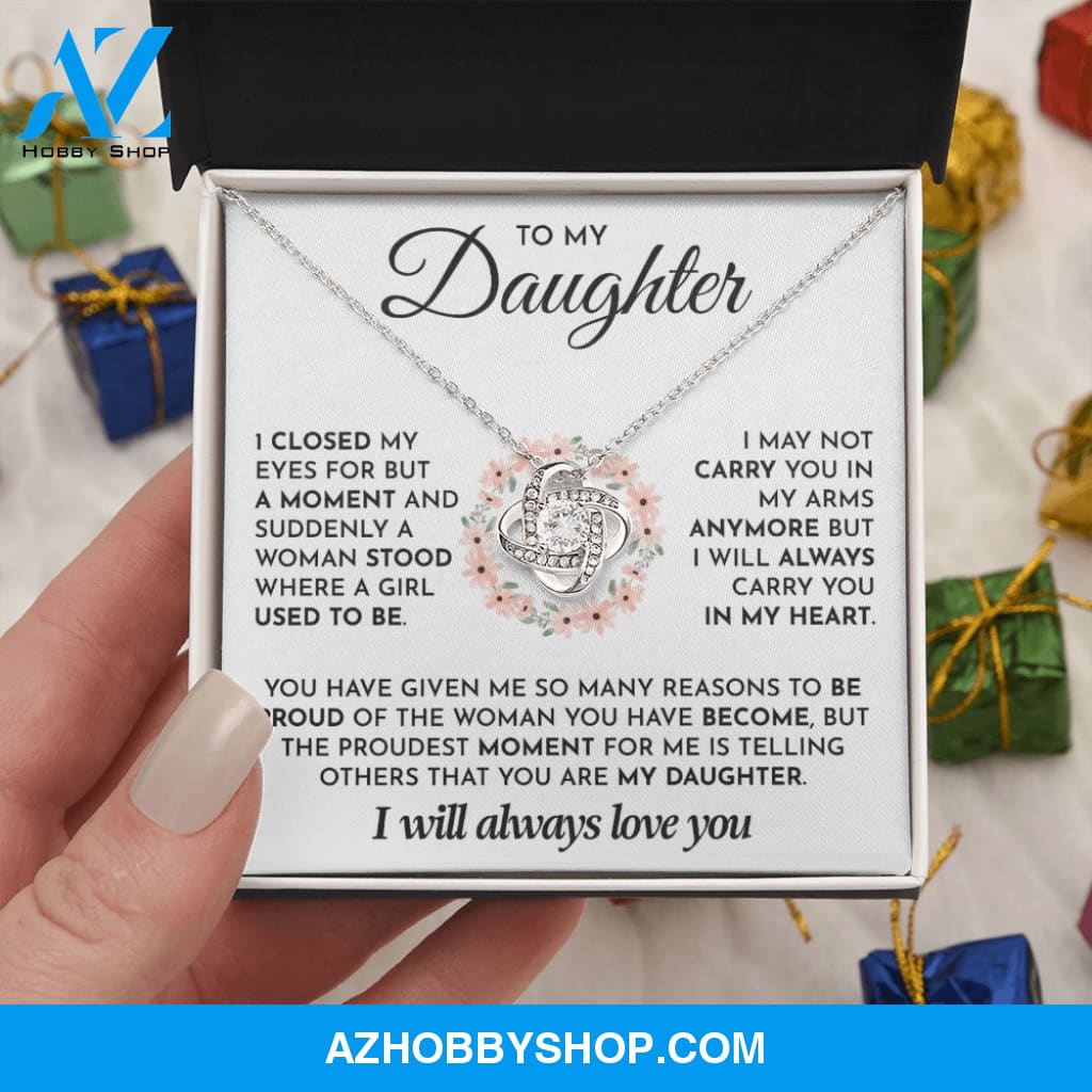 To My Daughter- 14K White Gold Polised Loveknot Necklace- I Will Always Love You