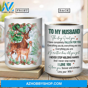 To my husband, Cute deer drawing, Green forest, I love you forever and always - Family White Mug
