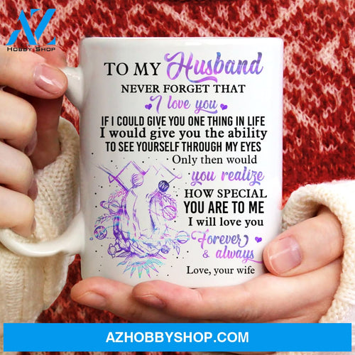 To my husband, Holding hands, Purple background, Never forget that I love you - Couple White Mug