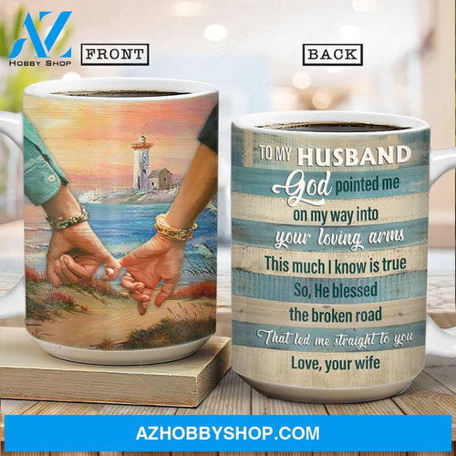 To my husband, Seashore painting, The lighthouse, Holding hands, God blessed the road that led me to you - Couple AOP Mug