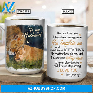 To my husband, Watercolor lion, Beautiful night, I never stop saying I love you - Family White Mug