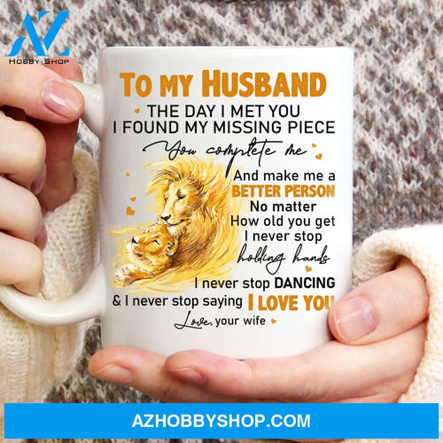 To my husband, Yellow lion drawing, I never stop saying I love you - Couple White Mug