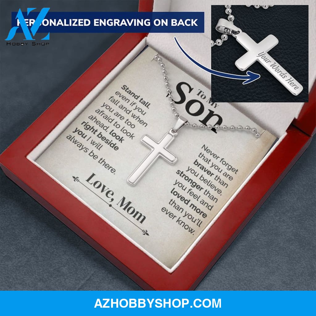 To My Son - Stand Tall - White Gold Cross Necklace