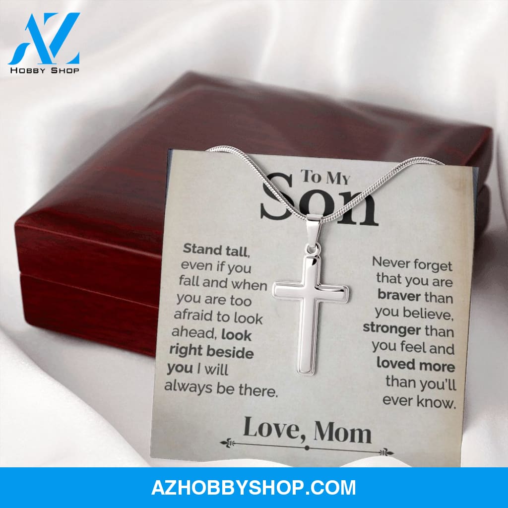 To My Son - Stand Tall - White Gold Cross Necklace