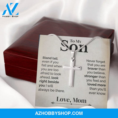 To My Son - Stand Tall - White Gold Cross Necklace