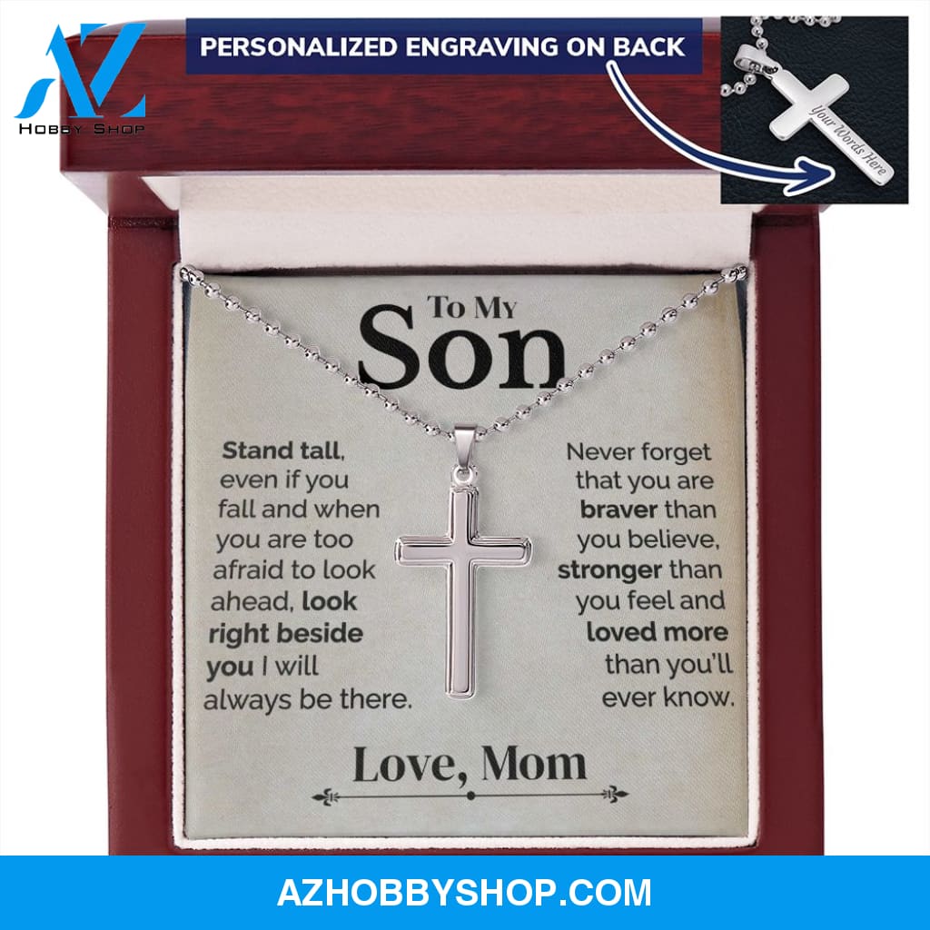 To My Son - Stand Tall - White Gold Cross Necklace